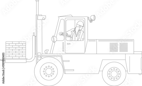 Technical engineering drawing showing a side elevation of an industrial forklift truck with a driver in the cabin, lifting a pallet of bricks or blocks.