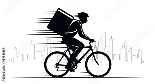 Delivery person on bicycle in city silhouette.