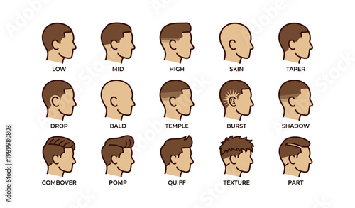 Male head silhouettes displaying haircut styles on white background