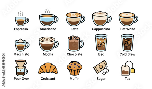 Coffee and pastry icons showing beverage types on white background