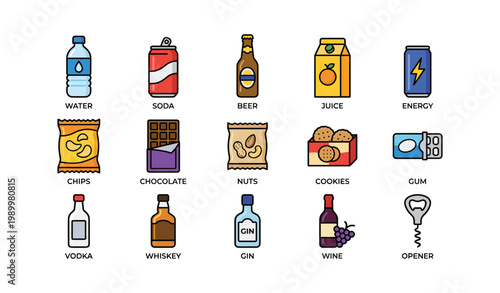 Bottles and snacks arranged in grid on white background