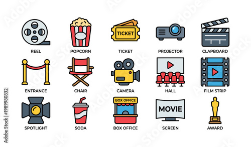 Cinema icons depicting movie items and theater elements
