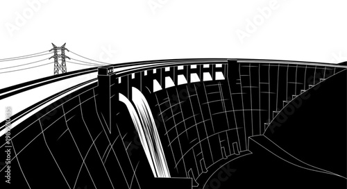 Modern Concrete Dam Structure with Water Flow and Power Lines.
