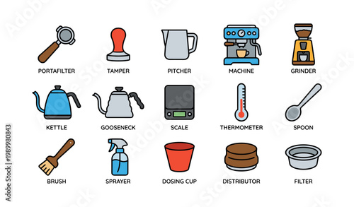 Coffee brewing tools and equipment icons on white background