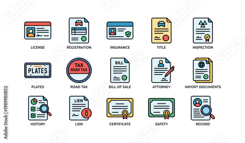 Vehicle document icons depicting permits taxes and records