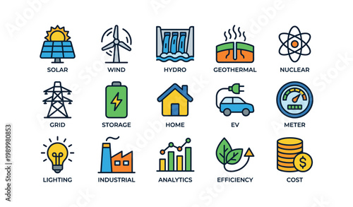 Energy and power icons showing generation storage and use