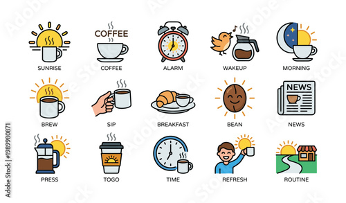 Morning coffee icons depicting routine, breakfast and refresh