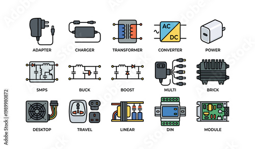 Power supply icons displaying adapters and converters on white