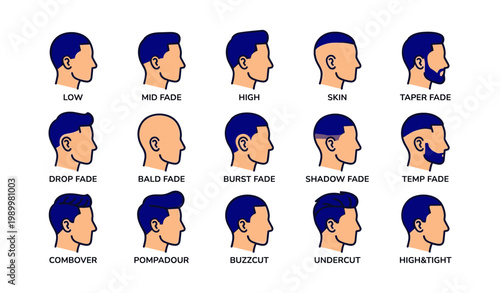 Male haircut style icons displaying various fade and cut types