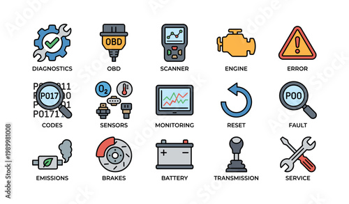 Vehicle diagnostics icons showing sensors codes and service on white