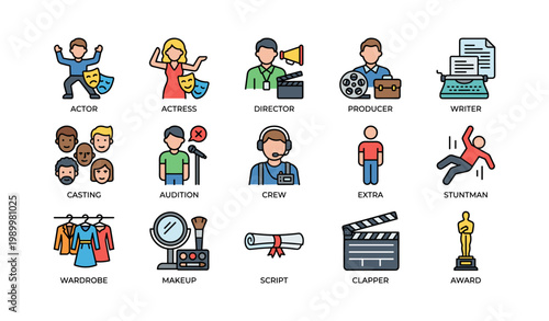 Filmmaking and theater icons arranged in grid on white background