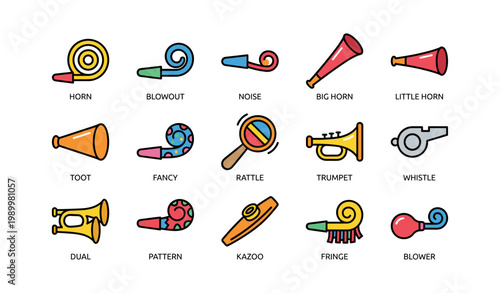 Party horn and whistle icons arranged in grid on white background