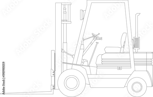 Technical engineering drawing showing a side profile of an industrial forklift truck with mast, forks, cabin, and hydraulic lifting system details.