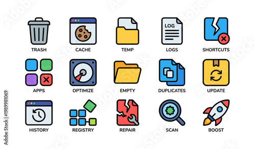 System cleanup and optimization icons arranged in grid