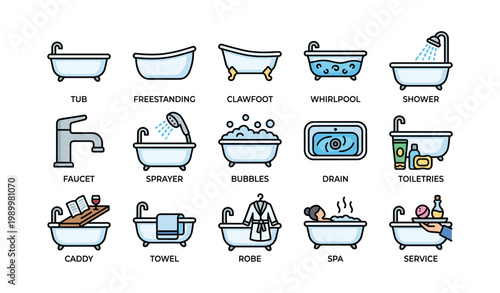 Bathtubs and bath accessories arranged in icon grid