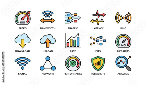 Network performance icons showing speed and connectivity on white