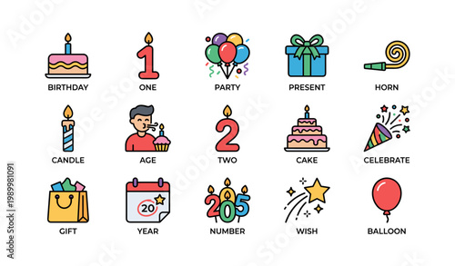 Birthday and party icons showing gifts and celebration symbols