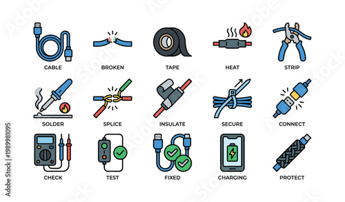 Cable repair and wire maintenance icons showing tools and steps