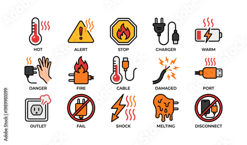 Electrical hazard icons showing plugs, flames, and melted components