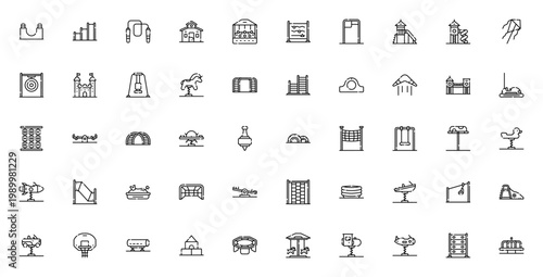 Playground icon set. Vector illustration of playground equipment including skate park, swing, seesaw, climbing wall, trampoline, zip line, carousel and more.