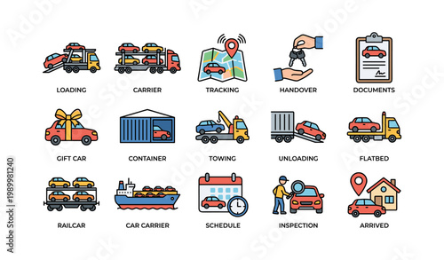 Car transport icons showing loading tracking and delivery services