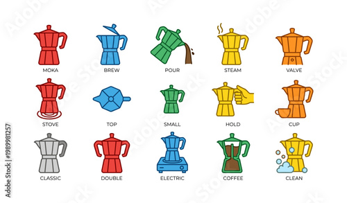 Collection of moka pot icons showing brewing actions on white