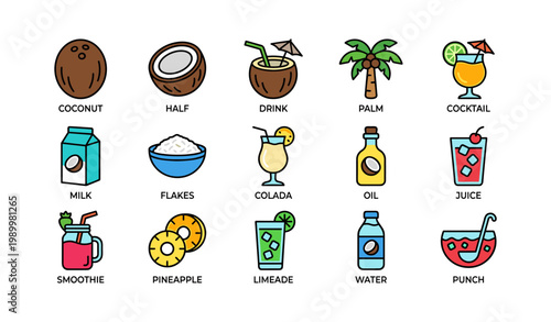 Coconut products and tropical drinks icons on white background