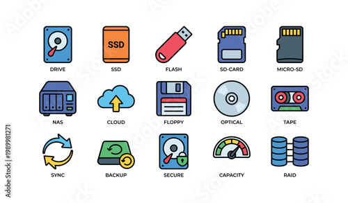 Data storage media icons showing backup and security concepts