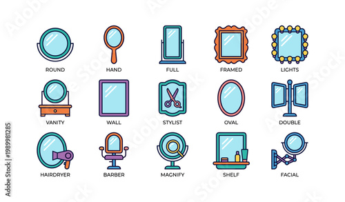 Various mirror and vanity icons for salon and grooming
