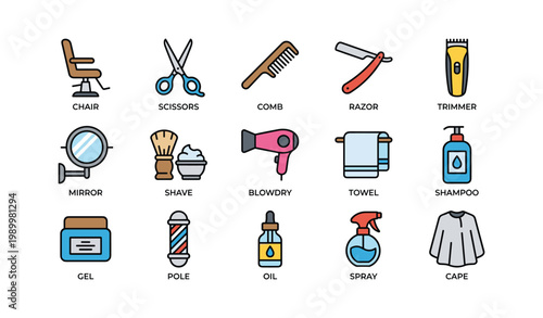 Barber and grooming tools icons arranged on white background