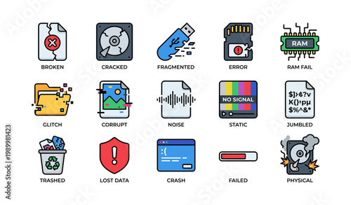 Data corruption and storage error icons on white background