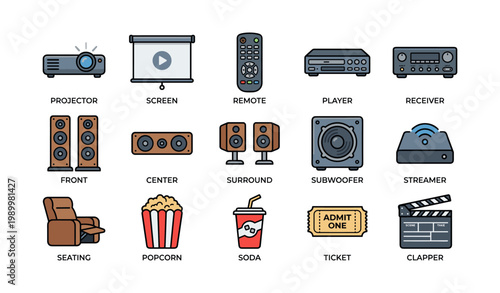 Home theater and media icons arranged in grid on white background