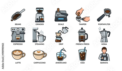 Coffee equipment and drinks arranged as icons on white background