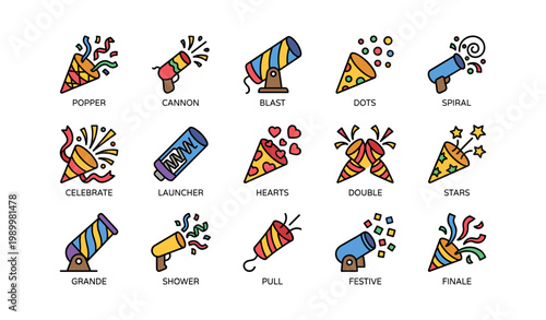 Party popper icons showing confetti launchers on white background