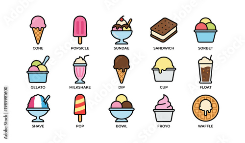 Frozen dessert icons arranged in grid on white background