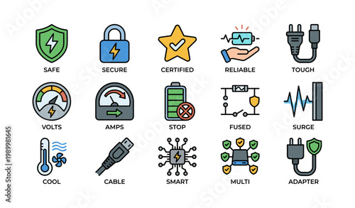Electrical safety and performance icons arranged on white background