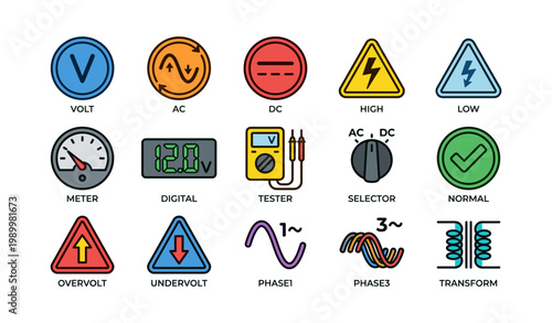 Electrical symbols and measurement icons arranged on white background