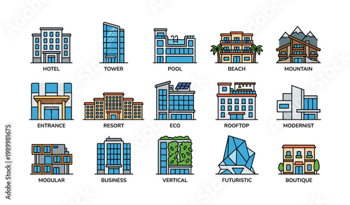 Hotel and accommodation building icons showing property types