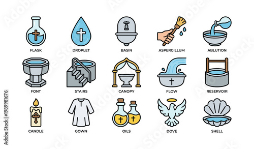 Baptism and holy water symbols depicted in icon grid
