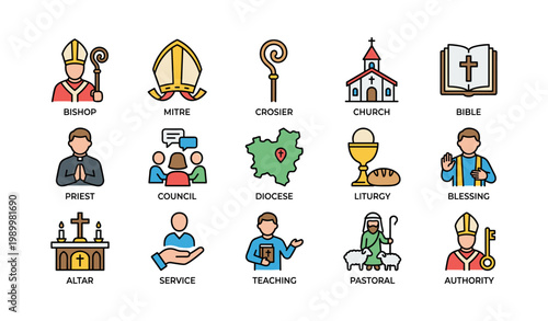Church icons representing clergy and sacraments on white background