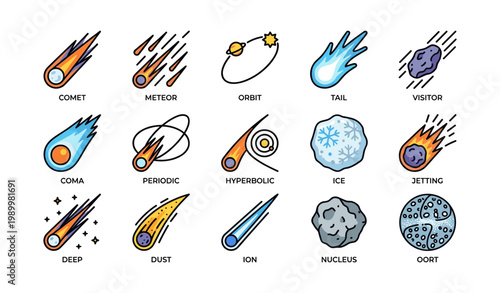 Comet and meteor icons with orbital paths on white background