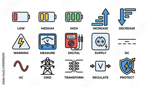 Electrical icons showing meters regulators and safety symbols on white
