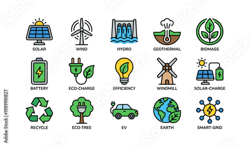 Renewable energy icons arranged in grid on white background