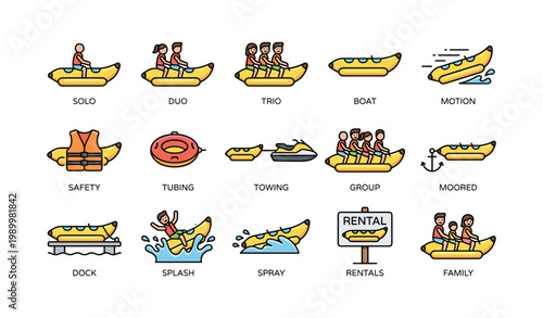 Banana boat icons showing riders being towed on water background