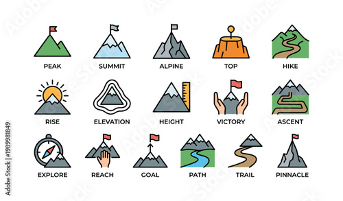 Mountain peak icons showing ascent and summit on white background