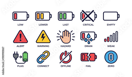 Battery status and warning icons arranged in grid on white background