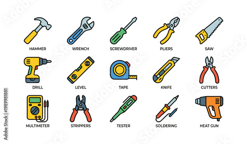 Workshop tool icons showing hand and power tools on white