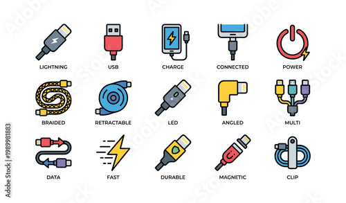 Various charging cable icons showing connectors and power types