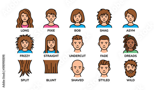 Hair style icons showing various cuts and textures on white background