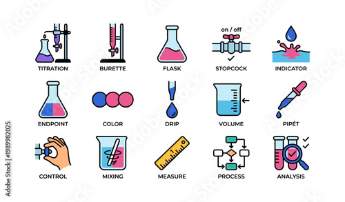 Lab icons depicting titration and analysis tools on white background